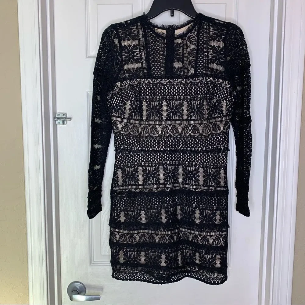 PARKER LACE RUFFLE LONG SLEEVE CONTRAST DRESS BLACK Size Medium